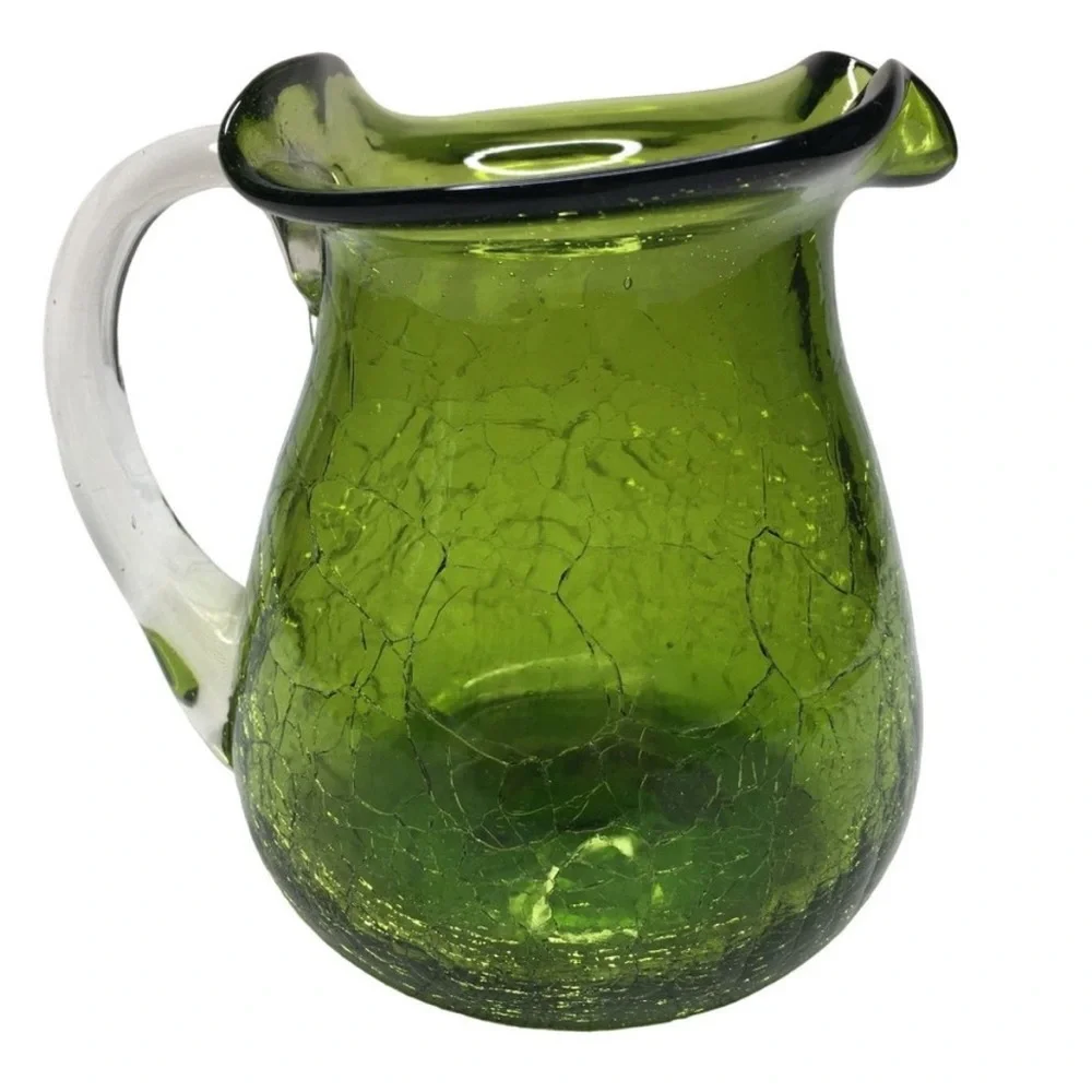 Vintage Blenko green crackle glass pitcher with clear glass handle - Picture 4 of 5
